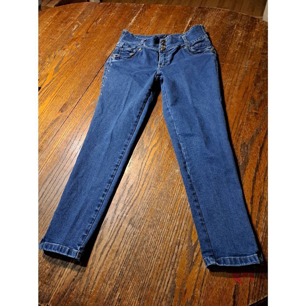 Sz 11 Eufforia Colombiano 3 Button Skinny Zip Ankle Denim Blue Jeans Gold Detail